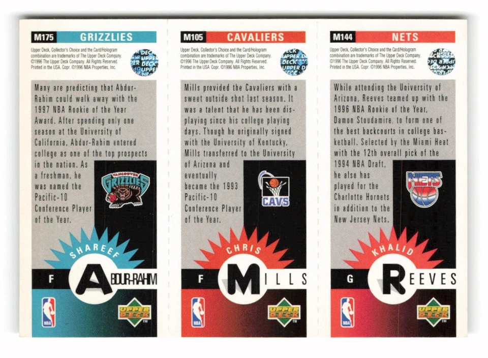 1996-97 Collector's Choice Reeves / Mills / Abdur-Rahim #M144/M105/M175 - Image 2 of 2