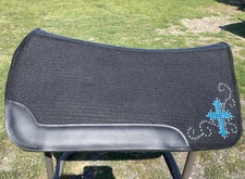 Tough 1 Black contoured felt Western saddle pad w/crystal cross 32" x 32  x 3/4"