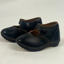 Vintage Childrens Sz4 Clogs Shoes Wooden Sole Black Leather Mary Jane 1960-70s