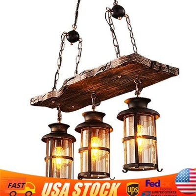 3-Light Farmhouse Loft Rustic Chandelier Wood Pendant Ceiling Light Fixture Lamp
