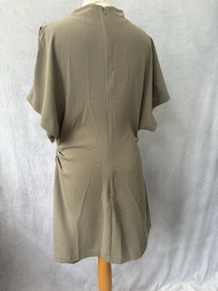 H&M Olive Green Crepe Dress Size M Short Sleeve Ruched Sides Knee Length - Image 4 of 4