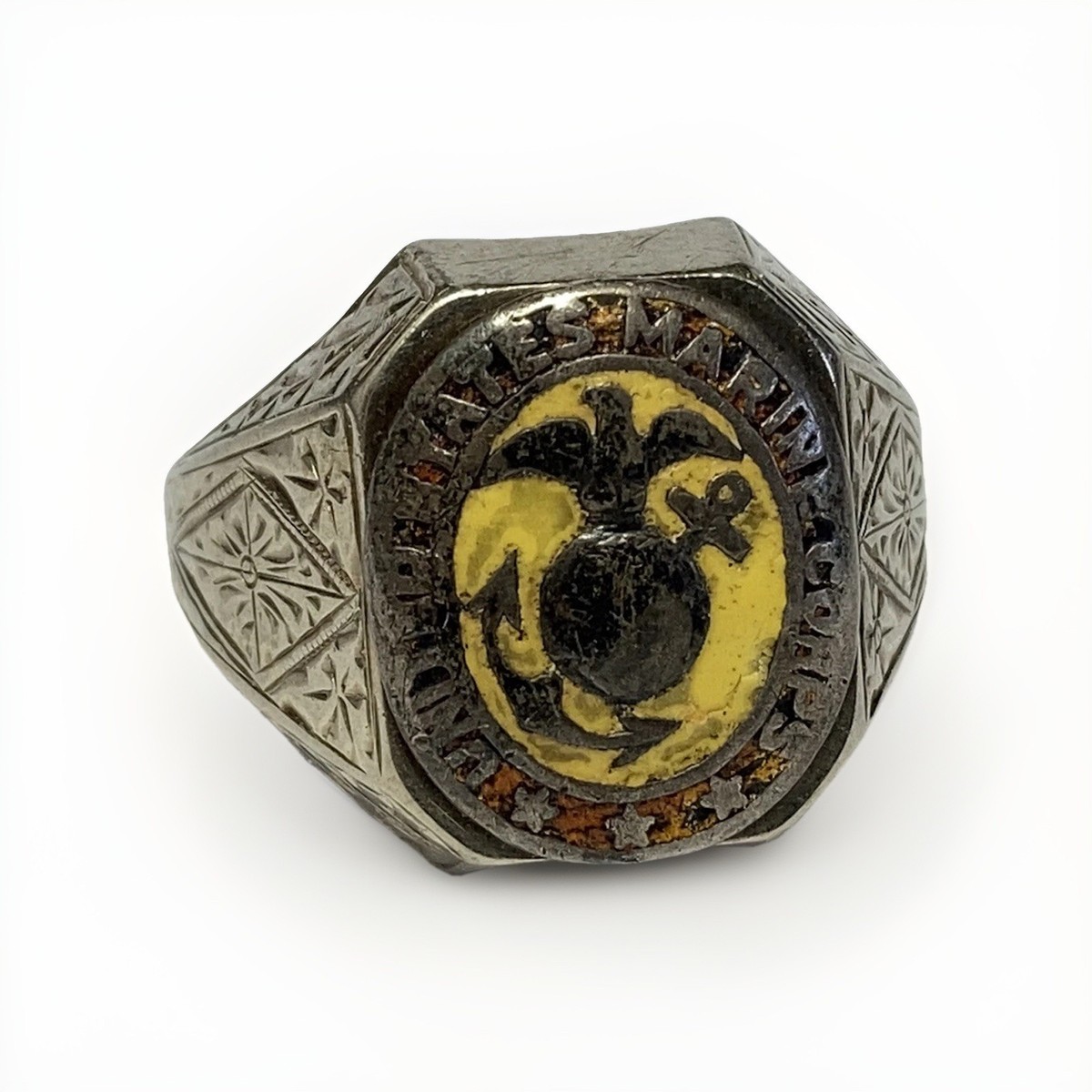 Vintage 14k White Gold United States Marine Corps Ring Enamel Mens