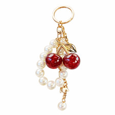 Glossy cherry keychain with pearl beaded bracelet charm. Fashionable Gifts