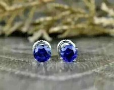 Lab Created Sapphire Solitaire Stud Earring 2Ct Round Cut 14K White Gold Plated