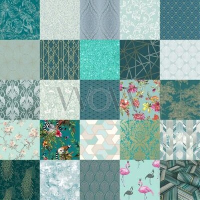 GREEN WALLPAPER TEAL SAGE - GEOMETRIC FLORAL LEAVES ANIMALS & MORE