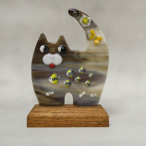 Cute Kitty Fused Art Glass On A Mahogany Wood Base OOAK O'Dare - Picture 2 of 3