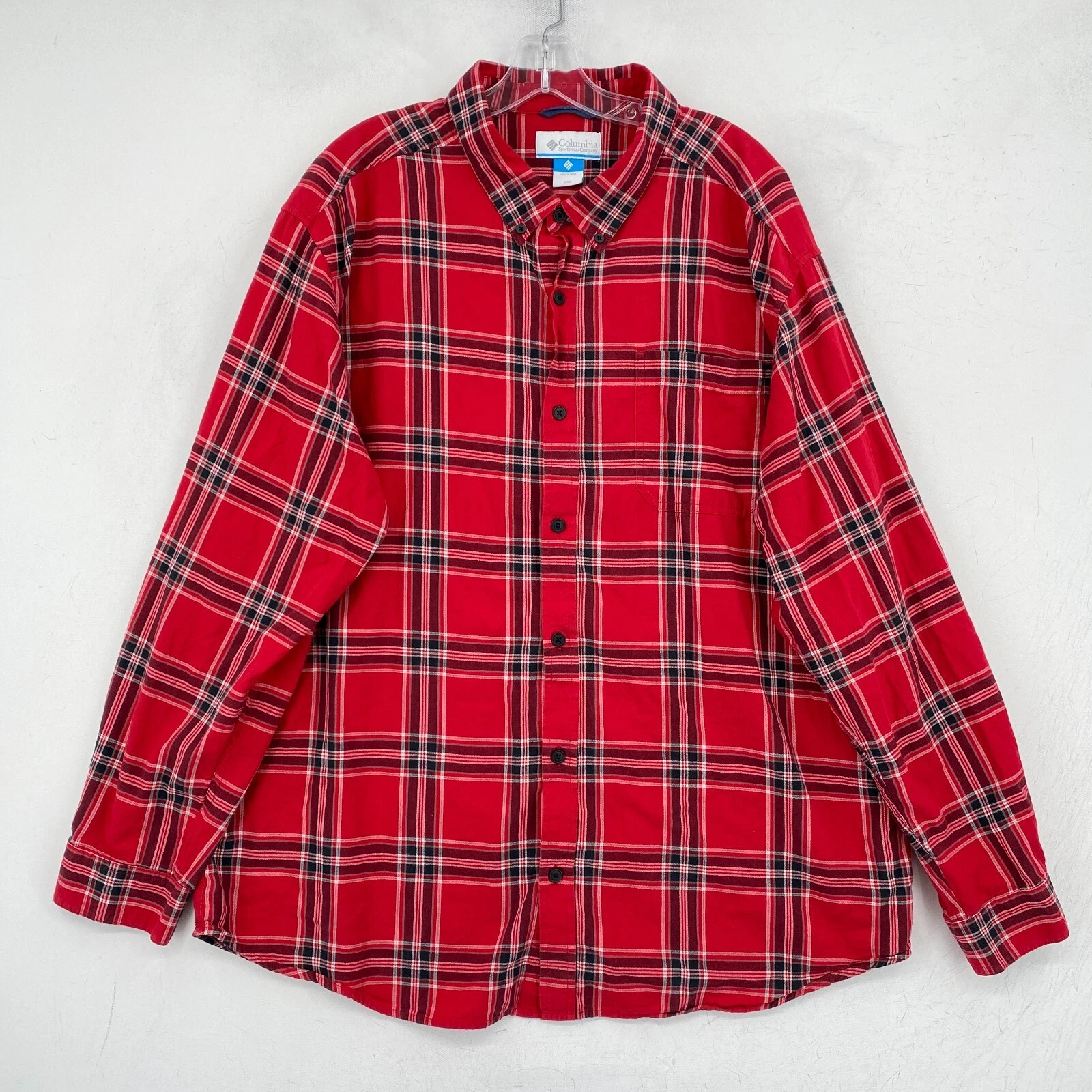 Columbia Flannel Shirt Mens 2XL XXL Red Plaid Long Sleeve Outdoor