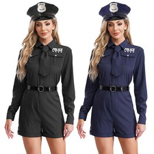UK Women Police Officer Jumpsuit with Tie Belt and Hat Set Policewoman Costume