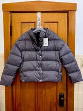 Theory high neck quilted down fill plaid puffer jacket gray NWT size M $455.00