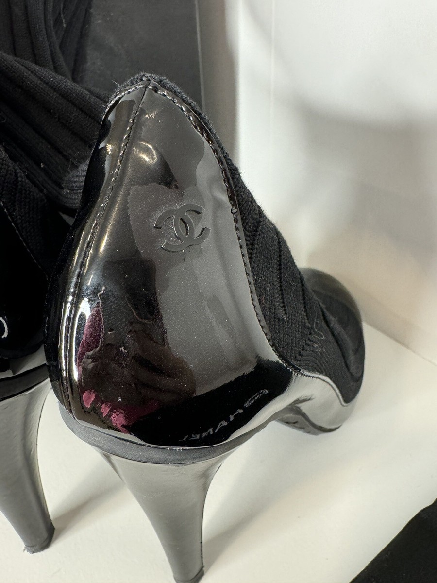 Chanel Black Patent Leather Heel Sock Legwarmer Boots 37 | eBay