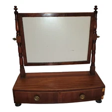 Antique 1830s Walnut Wood Swinging Mirror Shaving Vanity Drawers Storage