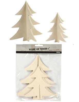 2 x 3D Leer Holz Weihnachtsbäume 13 cm & 18 cm Zum Selbermachen Malen & Dekorieren Tischplatte