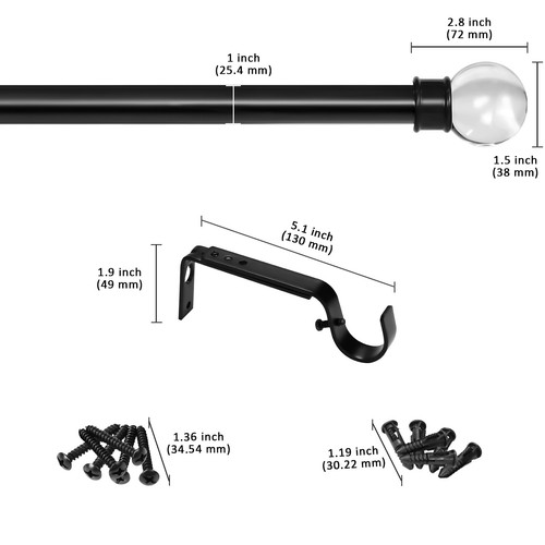 1" Crystal Ball Adjustable Single Drapery Curtain Rod, 28"-48"/48"-84"/84"-120" - Picture 11 of 51