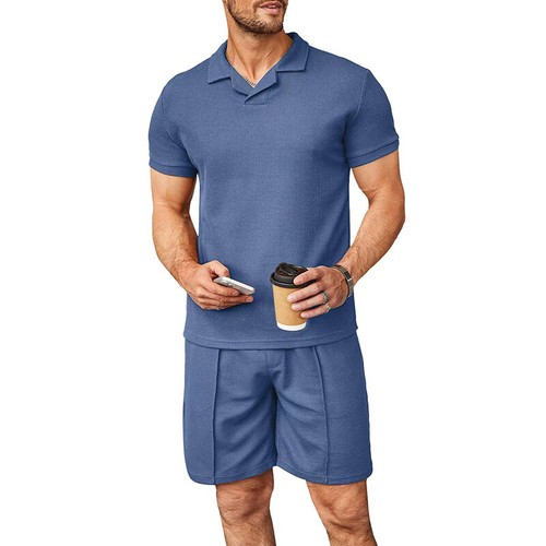 Mens Short Sleeve Polo Shirts Shorts Mens Waffle Fashion Casual Tracksuit Sets - Picture 3 of 32
