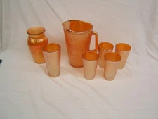 Lot of 7 Pcs Jeanette Marigold Carnival Glass Bark Water Set & Vase VGC 