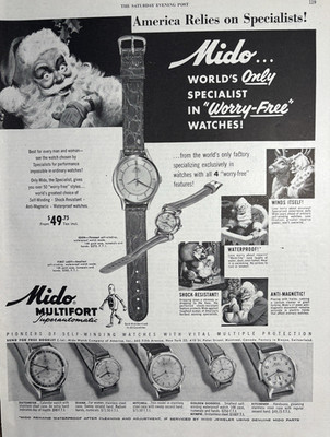 1953 Mido Watch Company America Models Santa Worry Free Multifort VTG Print Ad