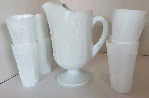 Vintage Indiana Milk Glass Colony Harvest Grape Pitcher & Set Of 8 Glasses 8oz