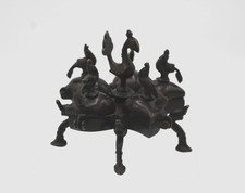 Antique Indian Brass KumKum Powder Spice Tikka Box - Peacock, Rooster, Elephant