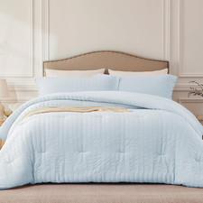 Skyblue Queen Comforter Set - 3 Pieces Seersucker Lightweight Bedding Comforter