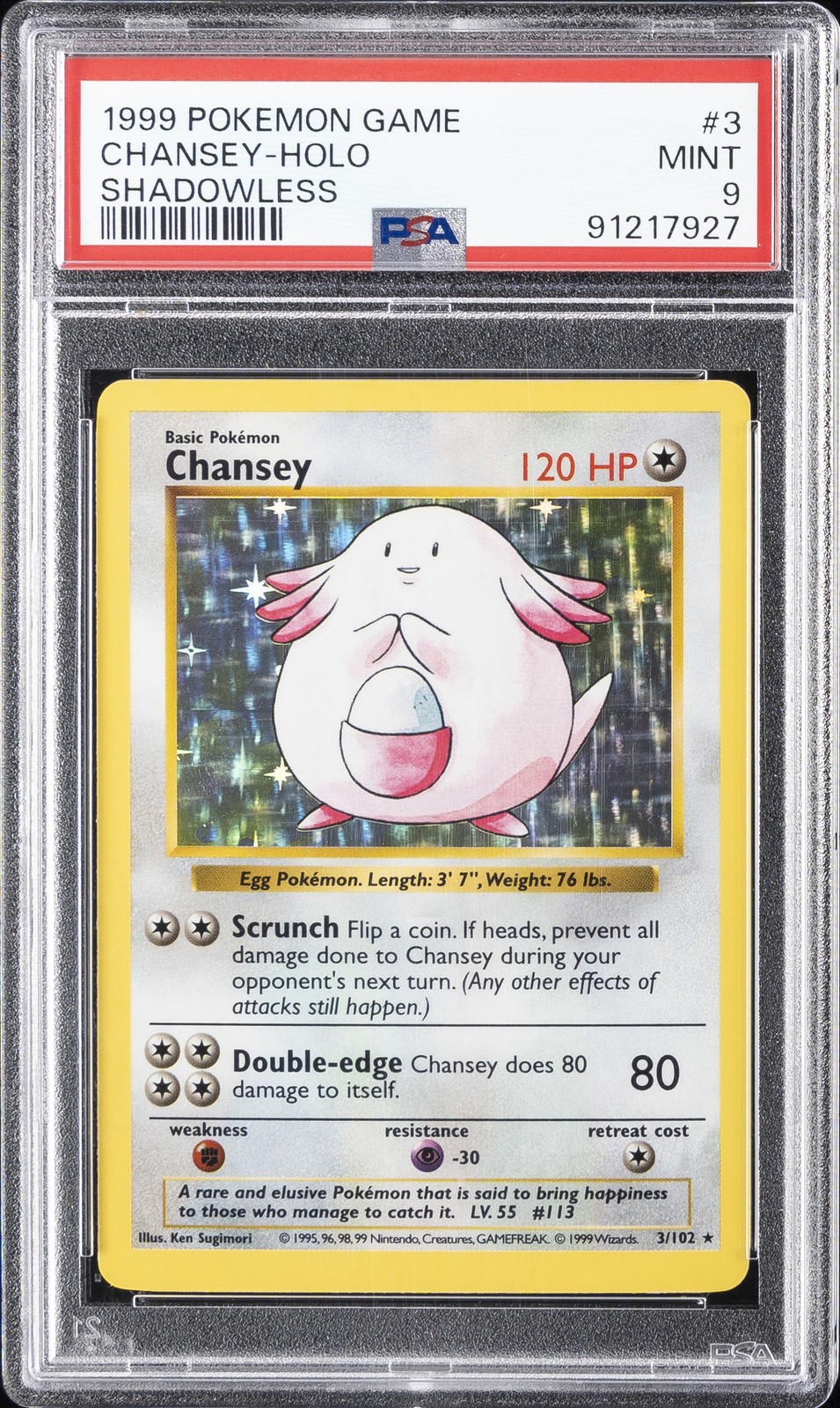 1999 POKEMON BASE SET SHADOWLESS #3 CHANSEY-HOLO PSA 9