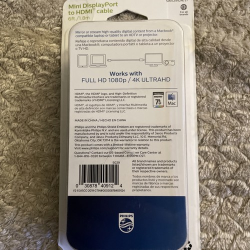 Philips 6ft. Mini DisplayPort to HDMI Cable White Audio/Video - Sealed Box - Picture 7 of 9