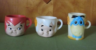 (3) 1972 Flinstone Vitamin Cups Pebbles, Bam-Bam, Dino - Preowned