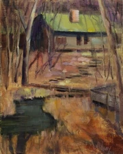 Midwest Forest Painting Cabin Trees River Landscape Original Oil Canvas Whitney 