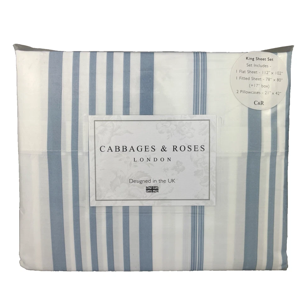 Cabbages & Roses KING Striped Sheet Set Cotton Percale Blue White JOLLY STRIPE - Image 3 of 4