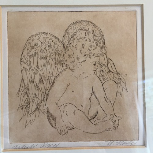 ORIG SIGNED ETCHING OF CHERUB ANGEL BRNTUMBER INK GOLD LEAF FRAME BY NANCY NADZO - Picture 3 of 4