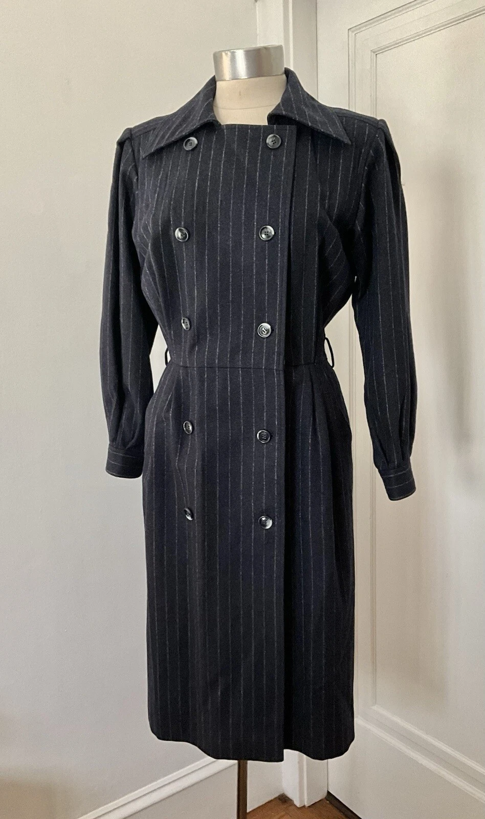 SAINT LAURENT (YSL) Abito cappotto vintage anni 70 Yves Saint Laurent righe gesso flanel