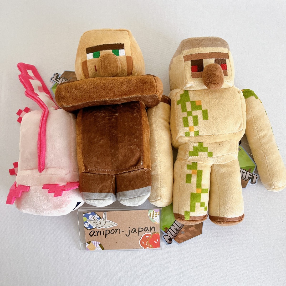 Minecraft Plush Axolotl Iron Golem Villager Set of FuRyu New