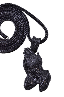 NEW! Black  GP Charm Praying Hands Pendant 36''Franco Chain Last One