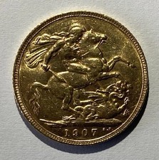 1907 London Mint Gold Full Sovereign Coin Bullion, King Edward VII, 22ct