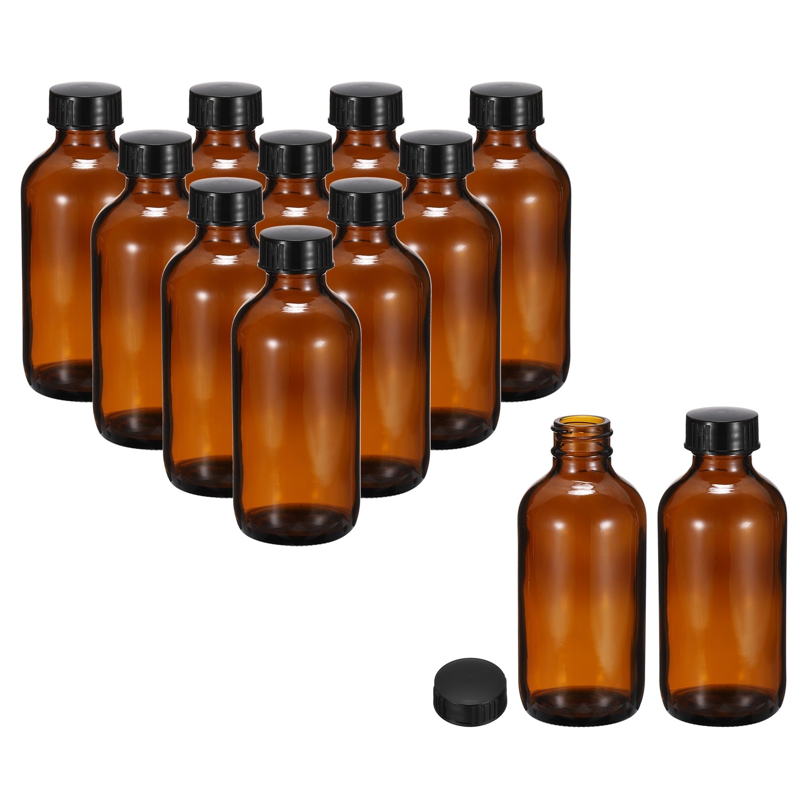 4oz(120ml) Glass Dispensing Bottle w Black Poly Cone Cap, 12Pcs, Amber