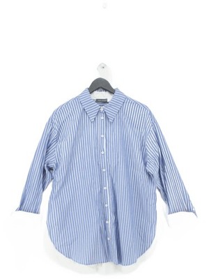 Neuwertiges Samt Damen Shirt L blau gestreift 100% Baumwolle Langarm Kragen Basic