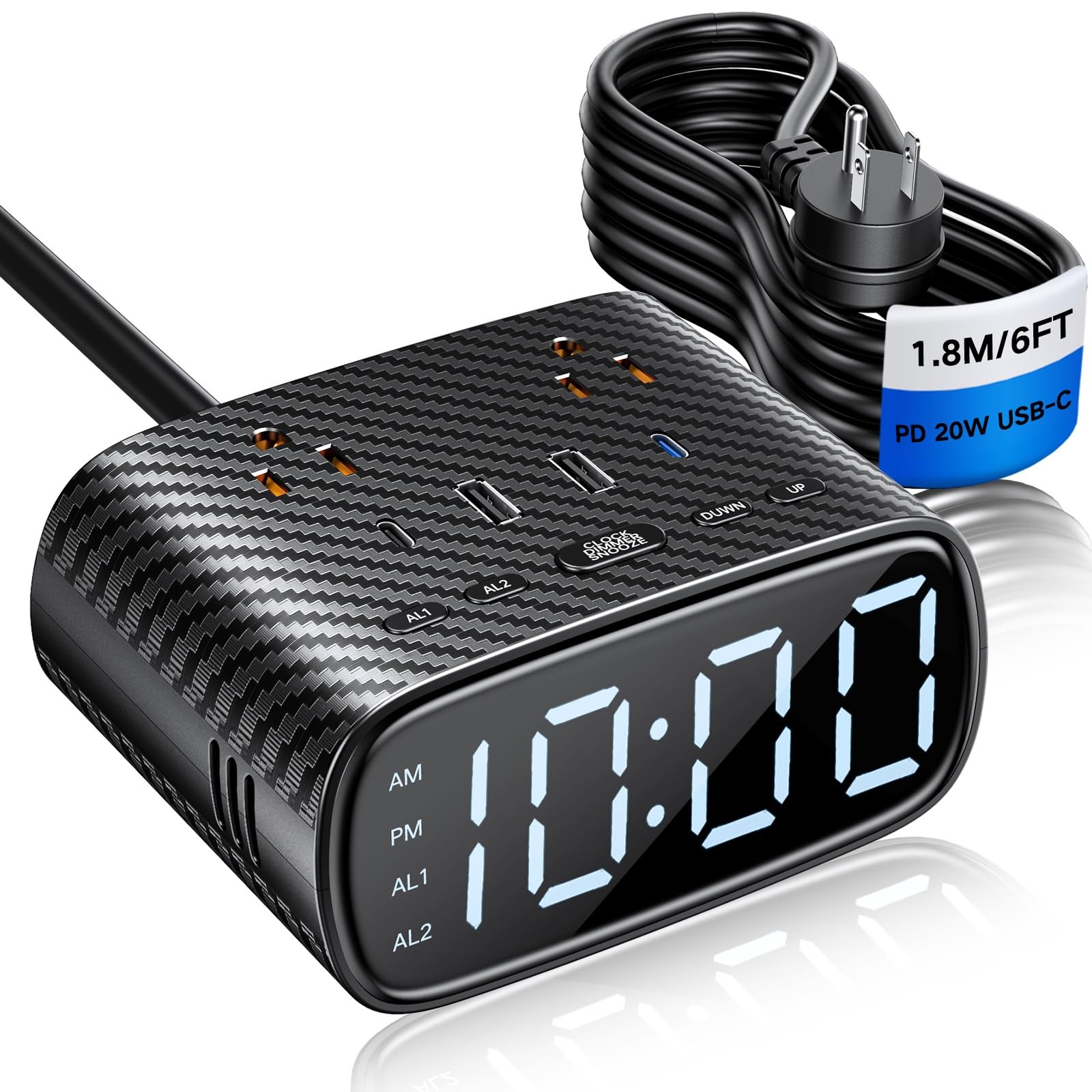 Digital Alarm Clock with 20W USB C Ports, Dual Alarm Clock Power Strip with 2...