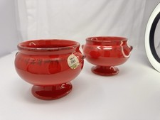 DE SILVA Italy Terracotta 2 Round Rustic Footed Crock Soup Bowls Red NEW