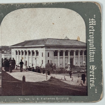 U.S. Fisheries Building with Crowds at Historic Government Exhibit Stereoview