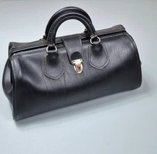 Antique Leather Doctor Bag Case Medical Medicine Bag Black w/ Brass Clasp