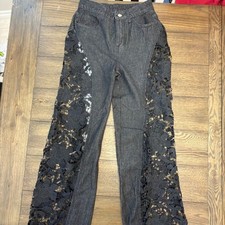 Black Denim Floral Lace Side Panel High Waisted Wide Leg Jeans Size S