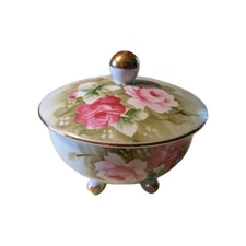 Lefton China Hand-Painted Vintage Green/ Pink Floral Covered 3 Legged Bowl