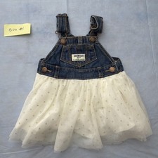 Vintage OshKosh Denim Overalls Dress Ivory Sparkle Tulle Skirt Baby Girls 3mo
