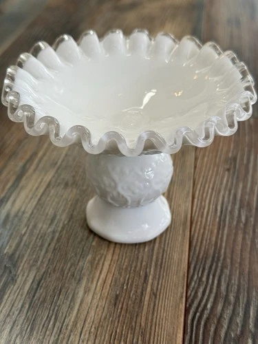 Fenton Silver Crest Milk Glass Ruffled Compote Pedestal Bowl Vintage Footed Dish