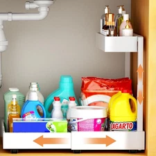 2 Tier Expandable Under Kitchen Sink Organizer, Adhesive Under Bathroom Organ...