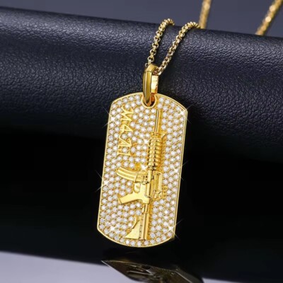 D/FL Round Cut Brilliant Moissanite 14K Yellow Gold Over Rifle Tag Pendant 1.5''