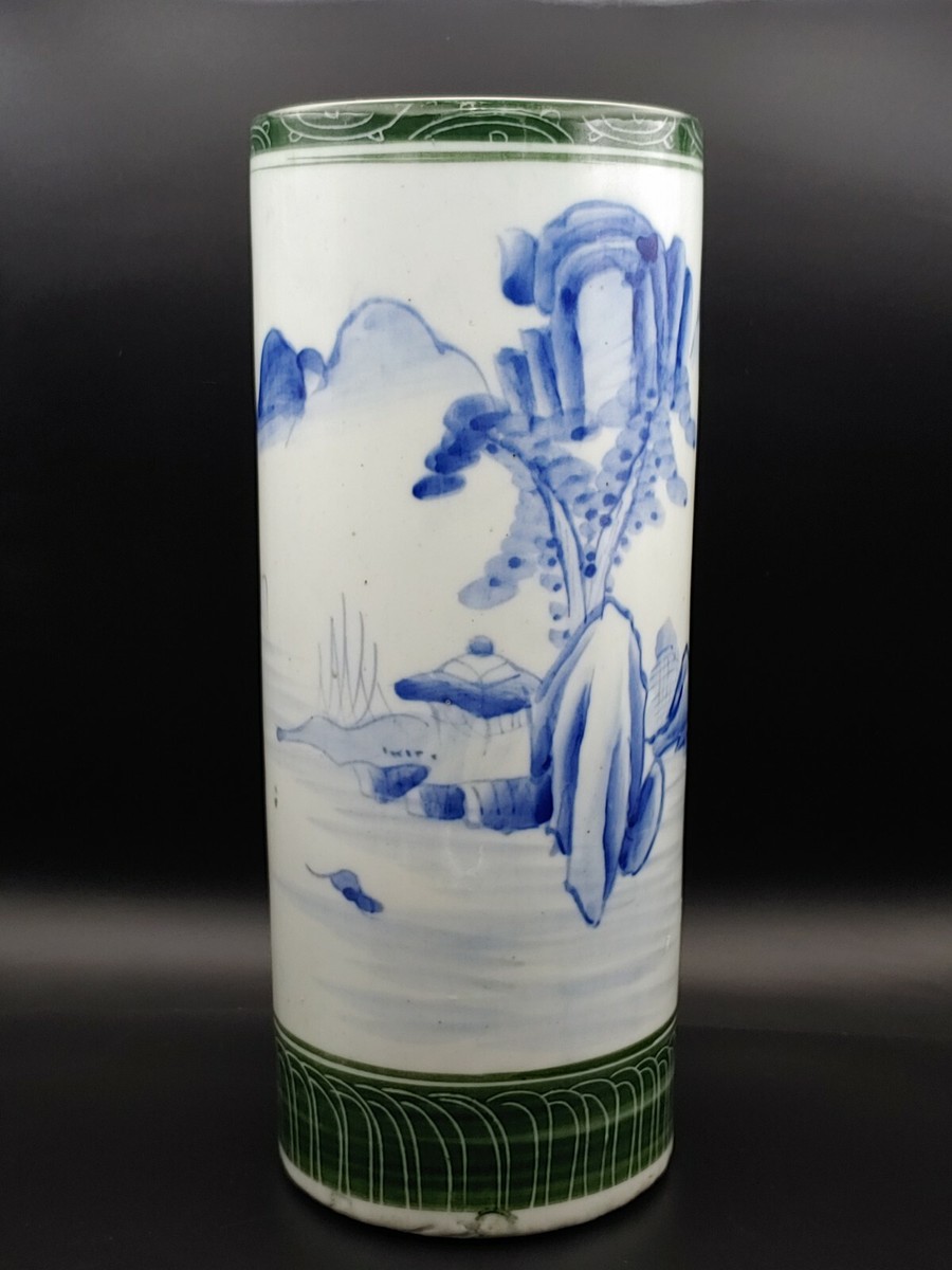 康熙翠毛蓝青花绿釉山水帽筒17th C Chinese Kangxi Blue And White