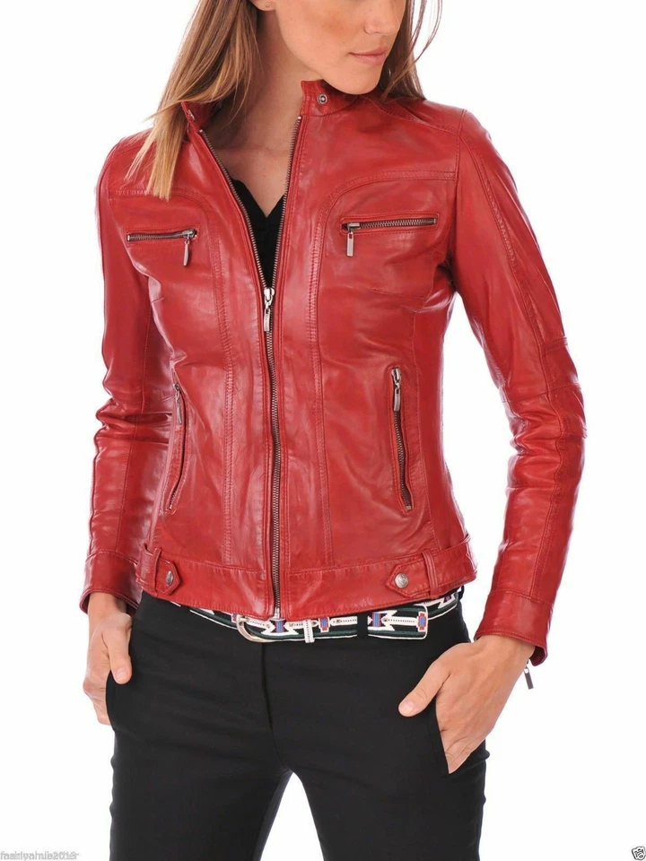 Chaqueta de cuero real suave de piel de cordero roja para mujer Chaqueta de motociclista ajustada Foto 2 de 4