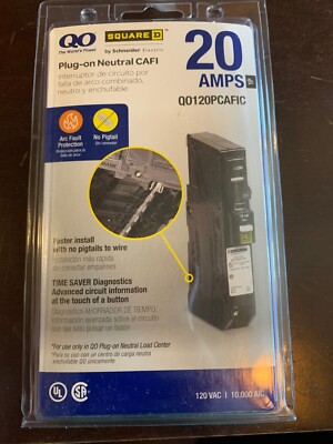 Square D QO120PCAFIC 20 Amp ''Plug On Neutral'' CAFI Breaker NEW arc fault protect