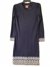 Tory Burch Navy Checkered Accent Long Sleeve Poly Dress XS