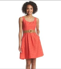 NEW NINE WEST ORANGE COTTON FIT AND FLARE BELTED DRESS SIZE 16